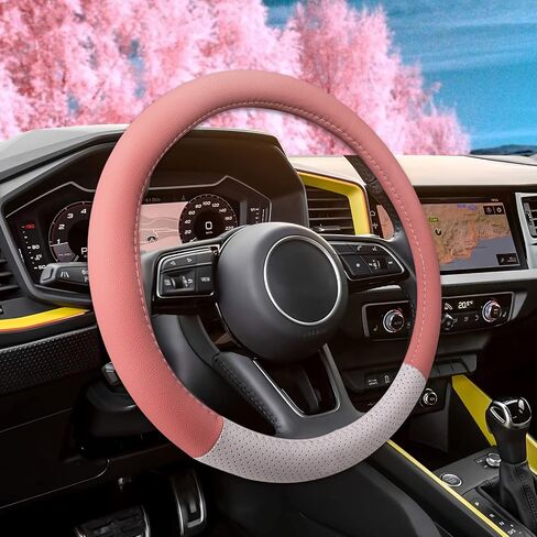 Evankin Pink Steering Wheel Cover for Women, Cute Macaron Pink and White Leather Universal Steering Wheel Cover 15 inch, Top Girl Car Accessories (Pink White) in Saudi Arabia