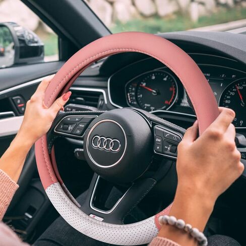 Evankin Pink Steering Wheel Cover for Women, Cute Macaron Pink and White Leather Universal Steering Wheel Cover 15 inch, Top Girl Car Accessories (Pink White) in Saudi Arabia