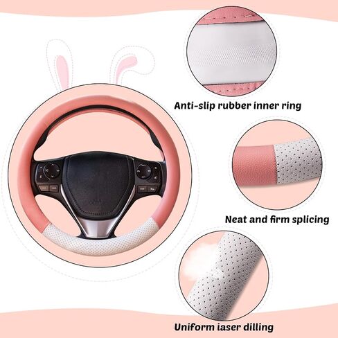 Evankin Pink Steering Wheel Cover for Women, Cute Macaron Pink and White Leather Universal Steering Wheel Cover 15 inch, Top Girl Car Accessories (Pink White) in Saudi Arabia