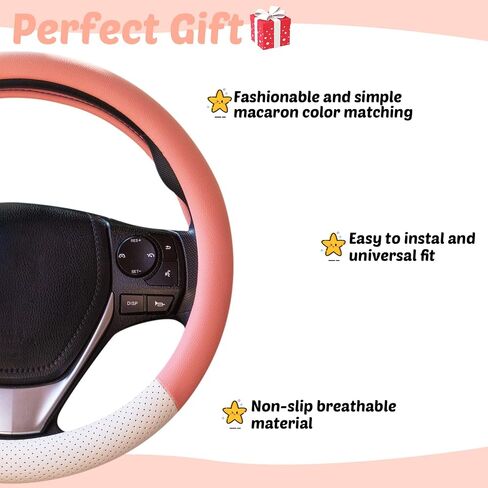 Evankin Pink Steering Wheel Cover for Women, Cute Macaron Pink and White Leather Universal Steering Wheel Cover 15 inch, Top Girl Car Accessories (Pink White) in Saudi Arabia