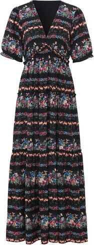 Women's V-Neck Retro Floral Print Elegant Ruffled Hem Dress in Saudi Arabia