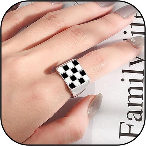 Checkered Ring for Women Black and White Checkered Ring Chunky Silver Rings Heart Checkerboard Bands Statement Finger Ring in Saudi Arabia