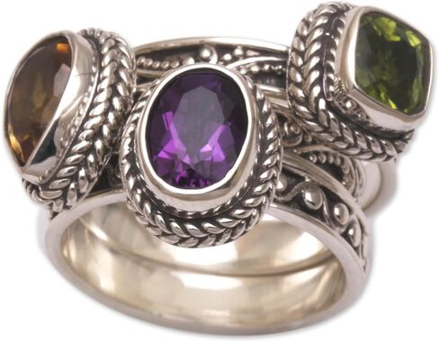 NOVICA Artisan Handmade Multigemstone Stacking Rings Sterling Silver Set of 3 Amethyst Citrine Peridot Cocktail Indonesia Birthstone [crown (amethyst) 0.3 in H x 0.4 in W x 0.2 in D Crown (citrine) 0] in Saudi Arabia