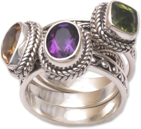 NOVICA Artisan Handmade Multigemstone Stacking Rings Sterling Silver Set of 3 Amethyst Citrine Peridot Cocktail Indonesia Birthstone [crown (amethyst) 0.3 in H x 0.4 in W x 0.2 in D Crown (citrine) 0] in Saudi Arabia
