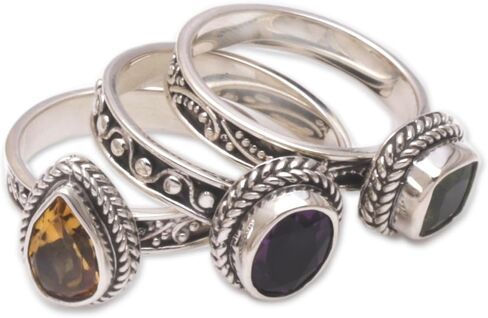 NOVICA Artisan Handmade Multigemstone Stacking Rings Sterling Silver Set of 3 Amethyst Citrine Peridot Cocktail Indonesia Birthstone [crown (amethyst) 0.3 in H x 0.4 in W x 0.2 in D Crown (citrine) 0] in Saudi Arabia