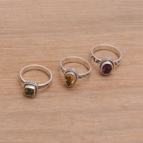 NOVICA Artisan Handmade Multigemstone Stacking Rings Sterling Silver Set of 3 Amethyst Citrine Peridot Cocktail Indonesia Birthstone [crown (amethyst) 0.3 in H x 0.4 in W x 0.2 in D Crown (citrine) 0] in Saudi Arabia