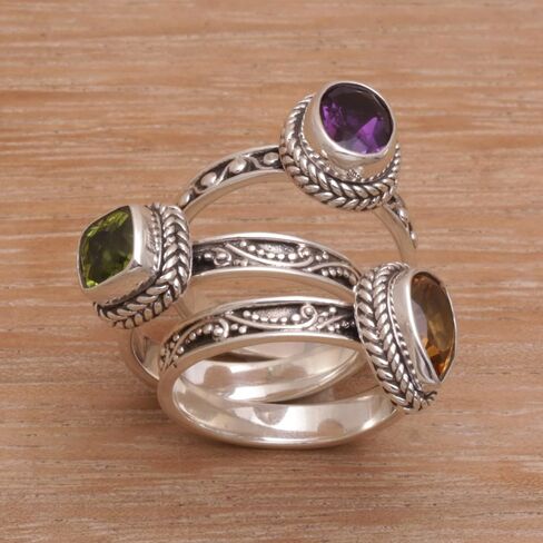 NOVICA Artisan Handmade Multigemstone Stacking Rings Sterling Silver Set of 3 Amethyst Citrine Peridot Cocktail Indonesia Birthstone [crown (amethyst) 0.3 in H x 0.4 in W x 0.2 in D Crown (citrine) 0] in Saudi Arabia