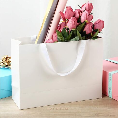 PACKHOME 10 Large Gift Bags 14.5x5x10.5 Inches, Black Premium Gift Bags with Handles for Gift Giving (Glossy Black with Grass Texture) in Saudi Arabia
