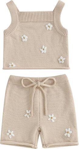 BULINGNA Toddler Baby Girl Summer Clothes Knitted Sleeveless Tank Tops Floral Embroidery Shorts 2Pcs Baby Knit Outfits in Saudi Arabia