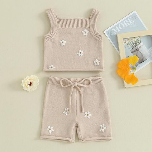 BULINGNA Toddler Baby Girl Summer Clothes Knitted Sleeveless Tank Tops Floral Embroidery Shorts 2Pcs Baby Knit Outfits in Saudi Arabia