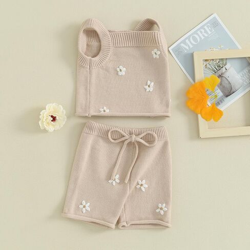 BULINGNA Toddler Baby Girl Summer Clothes Knitted Sleeveless Tank Tops Floral Embroidery Shorts 2Pcs Baby Knit Outfits in Saudi Arabia