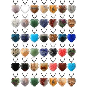50 Pieces Heart Shaped Stone Pendants Charms Stone Necklaces Beads with Faux Leather Cord for Jewelry Crafts Making Supplies