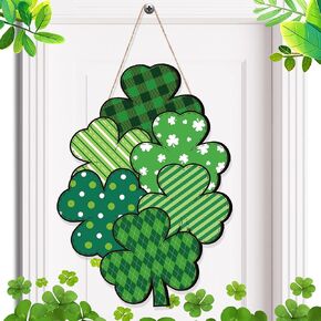 St Patrick's Day Front Door Sign Wooden Shamrocks Plaque Wreath Ornament Irish Hanging Welcome Board Spring Home Wall Green Lucky Shamrock Truck Decoration (Plaid Shamrock,13 x 9.3 Inch) in Kuwait