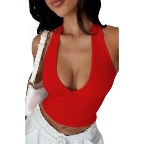YFANG Women's Sexy Halter Deep V Neck Crop Tank Top Backless Sleeveless Slim Fitted Going Out Summer Top