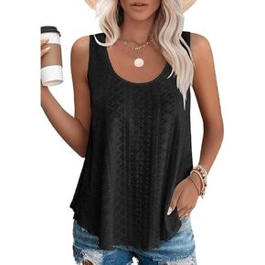 YOXUA Womens Casual Tanks Tops, Sleeveless Scoop Neck Loose Fit Summer Eyelet Embroidery Flowy Trendy Tshirts