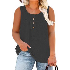 ROSRISS Plus-Size Tops for Women Eyelet Sleeveless Shirts Casual Henley Tunics XL-5XL