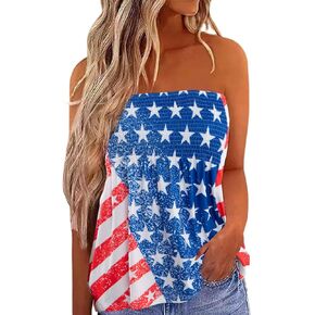 MNLYBABY العلم الأمريكي قطع علوية للنساء مثير بدون حمالات العصابة نجوم المشارب Smocked 4th من يوليو قميص غير رسمي in Kuwait