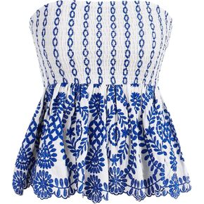 WDIRARA Women's Graphic Print Flared Hem Ruffle Shirred Bandeau Tops Strapless Sleeveless Boho Tube