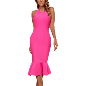 Women's Halter Backless Wedding Party Bandage Dress Mermaid Midi Celebration Party Dresses