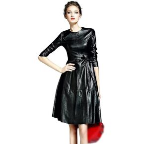 LAI MENG FIVE CATS Womens Faux Leather Fashion Bodycon A-line Midi Dress with Belted