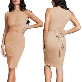 Women Bodycon Midi Dress Crewneck Sleeveless Casual Tie Waist Summer Party Club Tank Dresses