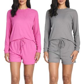 Real Essentials Ladies Yummy Rib LS Top Shorts Set