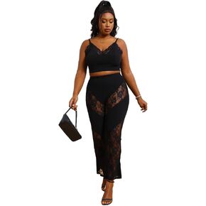 Mintsnow Womens Sexy Floral Lace Patchwork Two Piece Outfits Sleeveless Crop Top Bodycon Pants Sets Birthday