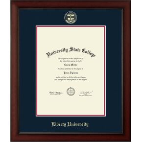 Liberty University 13" W X 17" H Diploma Frame - Fits a Master's and Phd - Gold Embossed Diploma Frame - Cherry Moulding with Navy and Red Matting - Officially Licensed