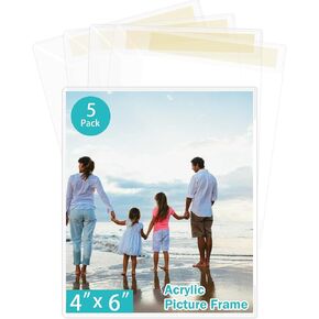 4x6 Inch Acrylic Picture Frames, Clear Photo Frame for Wall with Tape, No Drilling Frameless Picture Frames, Pack of 5 Floating Hanging Picture Frames 4 x 6 for Home, School, Office