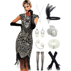 Womens Flapper Dress w/Cap Sleeves Art Deco Sequin Beaded Fringe 1920s Great Gatsby Party Dress w/Accessories Set