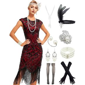 Womens Flapper Dress w/Cap Sleeves Art Deco Sequin Beaded Fringe 1920s Great Gatsby Party Dress w/Accessories Set in Kuwait