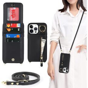 iPhone 12 pro max Case with Card Holder for Women, iPhone 12 pro max Phone Case Wallet with Strap Credit Card Slots Crossbody with Kickstand Zipper Shockproof Case for iPhone12promax - Black