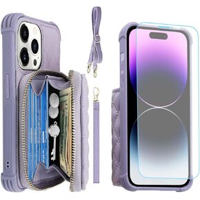 MONASAY Zipper Wallet Case Fit for iPhone 14 Pro Max, 6.7in [Glass Screen Protector ][RFID Blocking] Flip Leather Handbag Phone Cover with Card Holder & Crossbody Lanyard Strap, Black