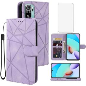 Case for Redmi 10 Case, Redmi 10 Prime/Redmi 10 2022 Wallet Case with Tempered Glass Screen Protector, Flip Leather Credit Card Holder Wrist Strap Stand Phone Cover for Xiaomi Redmi 10 Brown