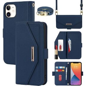 Jaorty iPhone 12 Mini Case with Card Holder,Crossbody Wallet Case for iPhone 12 Mini with Strap for Women，[Ring Holder Kickstand] Lanyard Leather PU Magnetic Clasp Zipper Purse,5.4" Black
