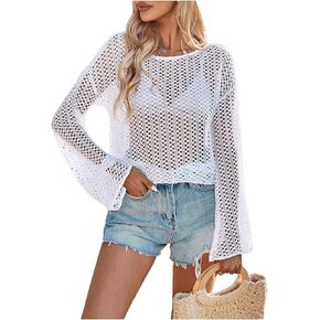 SHENHE Women's Crochet Cover Up Hollow Out Sheer Long Sleeve Vacation Beachwear