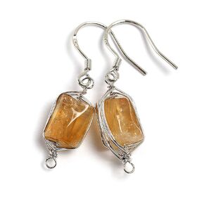 Natural Stone Wire Wrap Dangle Drop Earrings Platinum Plated 925 Sterling Silver Hook/Raw Citrine 10mm
