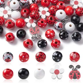 Stiesy 50 Pcs 10 Styles White Black Color Natural Wood Beads Round Beads 15~16mm Pet Paw Print Loose Beads Bulk for DIY Garland Home Decor Crafts