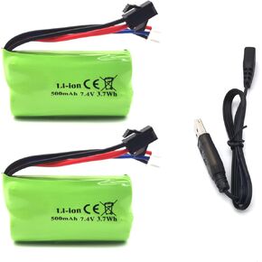 2-Pack 7.4V 500mAh SM-2P Plug Rechargeable RC Car Li-ion Battery with USB Charger for RC Car Truck RC Boat and Some Ball Blaster