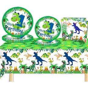 One a Saurus Birthday Decorations,Dinosaur First Birthday Decoration，Dinosaur 1st Happy Birthday Party Supplies,Dinosaur Party Decorations Plates Napkins Tablecloth For 1st Birthday.
