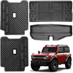 6 قطع من سجادات صندوق السيارة وظهر المقعد متوافقة مع 4 أبواب Ford Bronco 2021 2022 2023 2024، بطانة حماية لغطاء المقعد لملحقات Ford Bronco (حصيرة صندوق السيارة + سجادة مسند الظهر + سجادة صندوق السيارة السفلية)