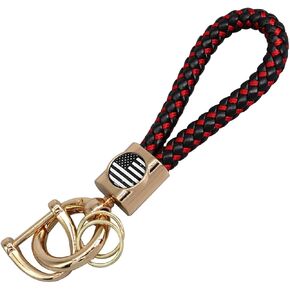 American US Flag Car Keychain, Fob Key Chain Leather Braided Bracelet with 2 Rings 1 Carabiner