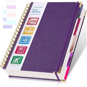Spiral Notebook, Notebooks College Ruled, 5 Subject Notebook with Dividers, Hardcover Notebooks for Work, School, Note Taking, 250 Page Leather Notebook Journal for Women Men, Large B5 Purple Notebook