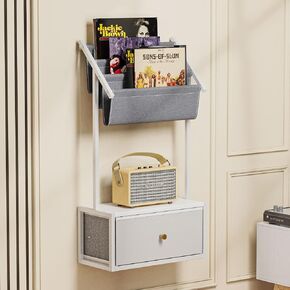 Wall Mounted Floating Nightstand, Floating Bedside Table with 3-Tier Vinyl Record Wall Mount, Vintage Natural Wood Floating Shelf for Living Room, Bedroom, Office (Black) in Kuwait