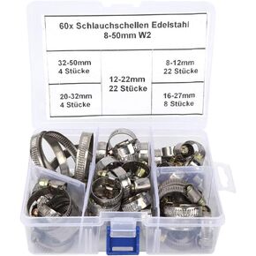 60 Pcs German Type Hose Pipe Clamp, 8-12mm/12-22mm/16-27mm/20-32mm/32-50mm Stainless Steel Spring Clip Fasteners Assortment Kit for Automotive Oil Pipes, Water Pipes