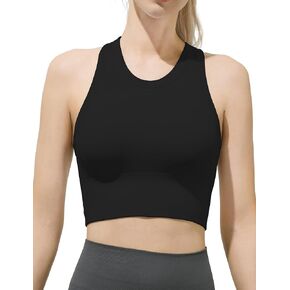 Women's Seamless Ribbed High Neck Sports Bra - Removable Padded Yoga Tank Tops Fitness Workout Running Crop Tops