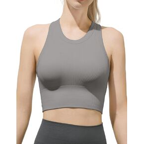 Women's Seamless Ribbed High Neck Sports Bra - Removable Padded Yoga Tank Tops Fitness Workout Running Crop Tops