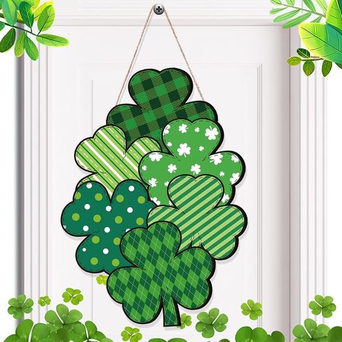 St Patrick's Day Front Door Sign Wooden Shamrocks Plaque Wreath Ornament Irish Hanging Welcome Board Spring Home Wall Green Lucky Shamrock Truck Decoration (Plaid Shamrock,13 x 9.3 Inch) in Saudi Arabia