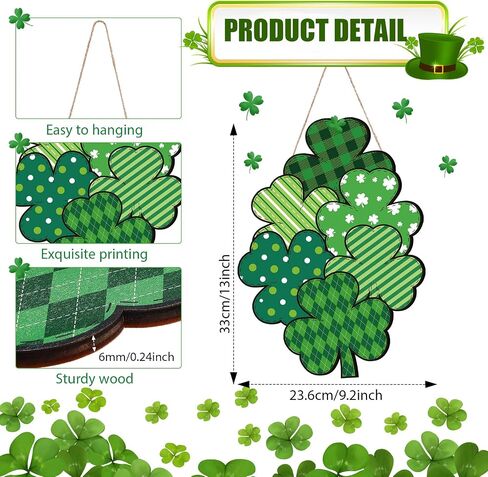 St Patrick's Day Front Door Sign Wooden Shamrocks Plaque Wreath Ornament Irish Hanging Welcome Board Spring Home Wall Green Lucky Shamrock Truck Decoration (Plaid Shamrock,13 x 9.3 Inch) in Saudi Arabia