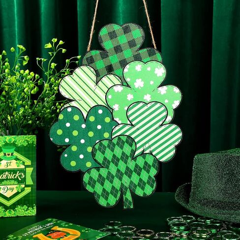 St Patrick's Day Front Door Sign Wooden Shamrocks Plaque Wreath Ornament Irish Hanging Welcome Board Spring Home Wall Green Lucky Shamrock Truck Decoration (Plaid Shamrock,13 x 9.3 Inch) in Saudi Arabia
